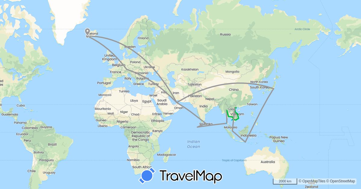 TravelMap itinerary: driving, bus, plane, boat in United Arab Emirates, Germany, Indonesia, Iceland, Japan, Cambodia, Sri Lanka, Maldives, Norway, Singapore, Thailand, Vietnam (Asia, Europe)